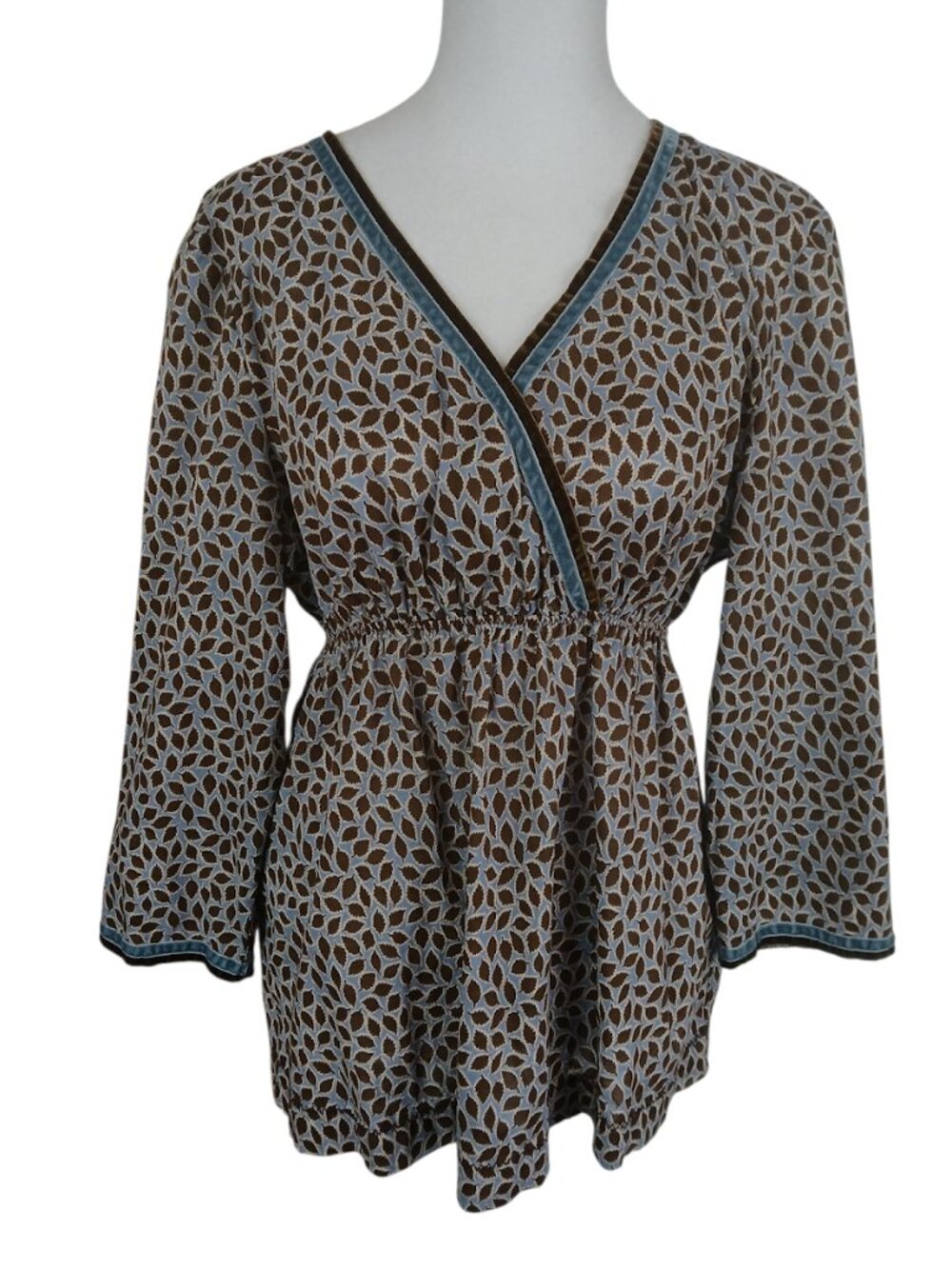 Boden blue/brown leaf print 3/4 sleeve cotton pullover top size 10
